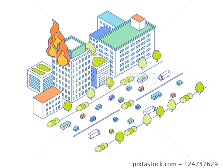 城市發生火災。著火的商業建築的向量插圖。 124737629