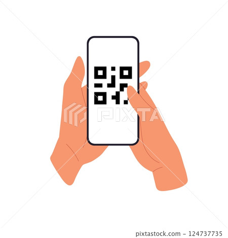 QR code scan with smartphone, hand holding mobile device reading black square symbol. Modern barcode 124737735