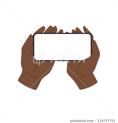 Phone in hand with blank screen, smartphone device held by user. African American man using mobile Phone in hand with blank screen, smartphone device held by user. African American man using mobile 124737751
