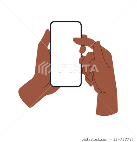 Phone in hand, mobile screen with blank display, dark skin user scrolling social media. Smartphone Phone in hand, mobile screen with blank display, dark skin user scrolling social media. Smartphone 124737755