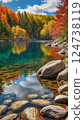 Crystal clear lake and autumn leaves 124738119