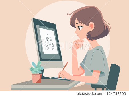 A female artist is working with a pen and drawing pad. She is thinking about her drawing. 124738203