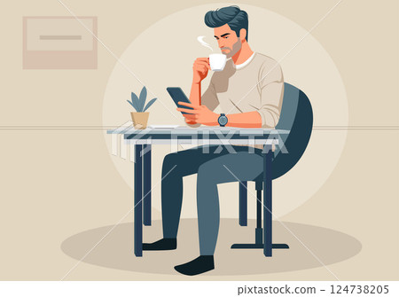 A young man relaxes by sipping coffee and watching the news on his smartphone. 124738205