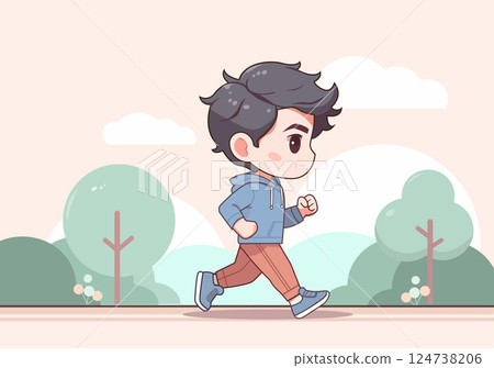 A boy is running in a cute cartoon style. 124738206