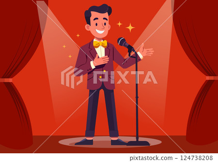 A male singer dressed in vintage style sings old songs. 124738208