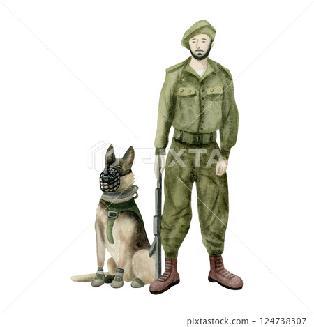 Hand drawn soldier taking oath with K9 dog watercolor illustration isolated on white for patriotic military designs. Handler of Oketz canine special forces clipart Hand drawn soldier taking oath with K9 dog watercolor illustration isolated on white for patriotic military designs. Handler of Oketz canine special forces clipart 124738307