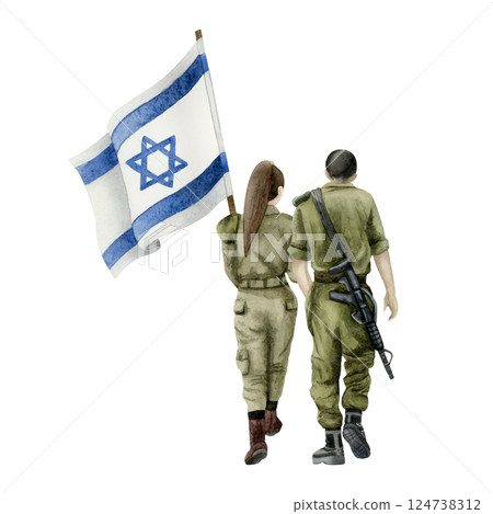Israel Independence day concept with IDF male and female soldiers holding flag watercolor illustration isolated on white. Jewish Memorial day, Yom HaZikaron and haShoah Israel Independence day concept with IDF male and female soldiers holding flag watercolor illustration isolated on white. Jewish Memorial day, Yom HaZikaron and haShoah 124738312
