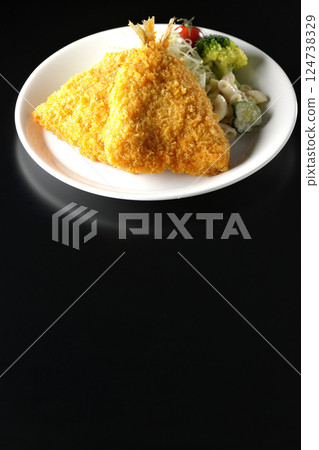 Fried horse mackerel photographed against a black background 124738329
