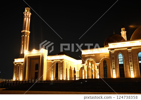 Central city mosque in Almaty, Kazakhstan. Mosque with lights at night 124738358