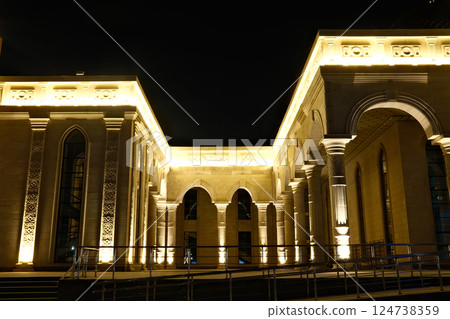 Central city mosque in Almaty, Kazakhstan. Mosque with lights at night Central city mosque in Almaty, Kazakhstan. Mosque with lights at night 124738359