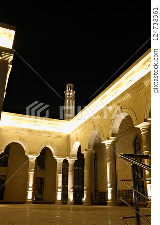 Central city mosque in Almaty, Kazakhstan. Mosque with lights at night Central city mosque in Almaty, Kazakhstan. Mosque with lights at night 124738361