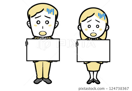 Young men and women in suits holding a message board and feeling troubled Young men and women in suits holding a message board and feeling troubled 124738367