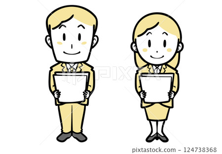 Young man and woman in suits holding documents Young man and woman in suits holding documents 124738368