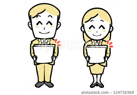 Smiling young man and woman in suits holding documents Smiling young man and woman in suits holding documents 124738369