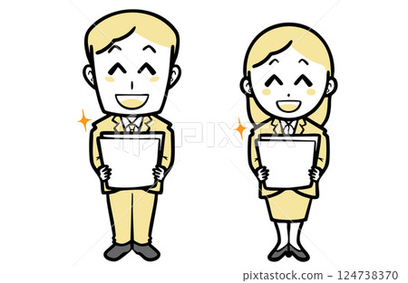 Smiling young man and woman in suits holding documents Smiling young man and woman in suits holding documents 124738370
