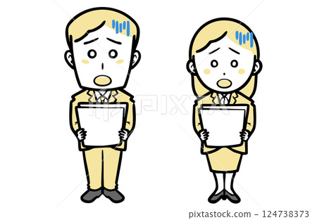 Young men and women in suits having trouble holding documents 124738373