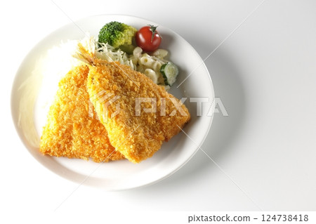 Fried horse mackerel photographed on a white background 124738418