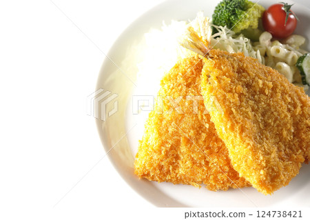 Fried horse mackerel photographed on a white background 124738421
