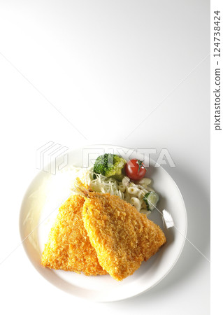 Fried horse mackerel photographed on a white background 124738424
