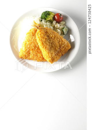 Fried horse mackerel photographed on a white background 124738425