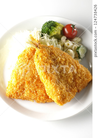Fried horse mackerel photographed on a white background 124738426