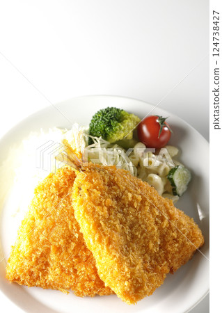 Fried horse mackerel photographed on a white background 124738427