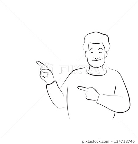 half length of smiling man pointing with two hands and fingers illustration vector hand drawn with black lines isolated on white background. half length of smiling man pointing with two hands and fingers illustration vector hand drawn with black lines isolated on white background. 124738746
