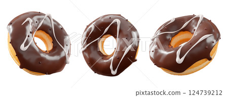 Donuts with chocolate glaze, sprinkles, white drizzle, and dots isolated on white transparent background Donuts with chocolate glaze, sprinkles, white drizzle, and dots isolated on white transparent background 124739212