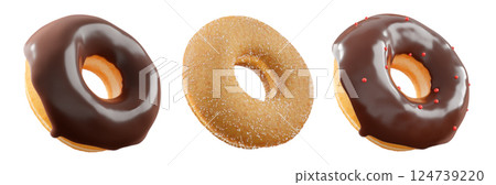 Donuts with chocolate glaze, sprinkles, white drizzle, and dots isolated on white transparent background 124739220