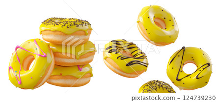 Donuts with yellow lemon glaze, sprinkles, white drizzle, and dots isolated on white transparent background 124739230