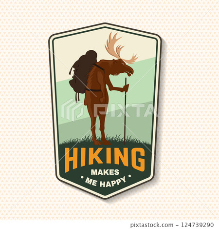 Hiking makes me happy. Camping quote. Vector. Concept for shirt or logo, print, stamp or tee. Vintage typography design with Hiking moose and backpack. 124739290