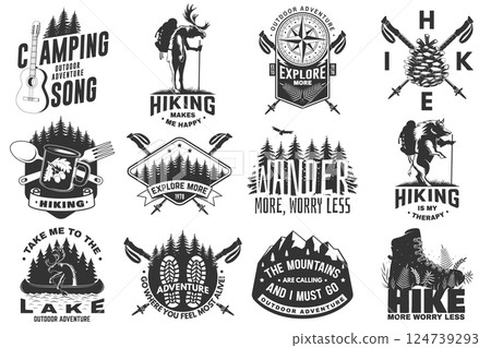 Set of logo, badge design with inspirational adventure quotes. Concept with pin forest, hiker, hiking boots, moose in canoe, lake and mountain. Vector illustration. 124739293