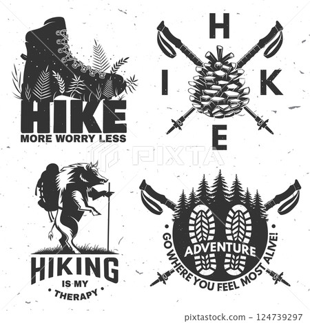 Hiking makes me happy. Hiking quote. Vector. Concept for shirt or logo, print, stamp or tee. Vintage typography design with wild boar and backpack, hiking boot, pine cone and forest silhouette Hiking makes me happy. Hiking quote. Vector. Concept for shirt or logo, print, stamp or tee. Vintage typography design with wild boar and backpack, hiking boot, pine cone and forest silhouette 124739297