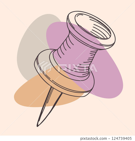 A pushpin drawn in one line. Minimalist linear pin icon attaching paper, Continuous one line drawing of a paper pin. Drawing pin. 124739405