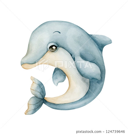 Cute Dolphin. Sea marine animal. Ocean inhabitant. Adorable underwater world creature. Watercolor hand painted illustration isolated on white background for kids nursery wall decor sticker baby shower 124739646