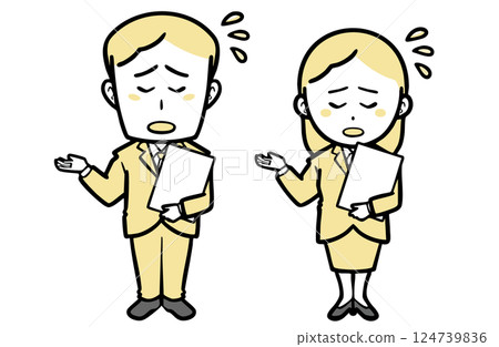 Young men and women in suits apologizing with documents Young men and women in suits apologizing with documents 124739836