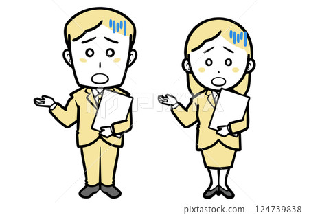 A young man and woman in a suit holding documents with a troubled look 124739838