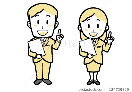 Young man and woman in suits holding documents 124739839