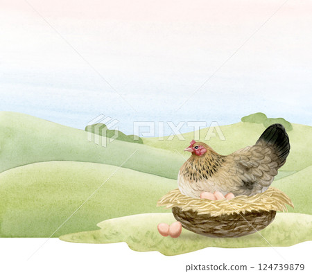 Chicken hen on nest hatching eggs with rural landscape scene watercolor illustration. Poultry yard sitting bird for farm scene designs. Realistic fowl clipart for organic eco products 124739879