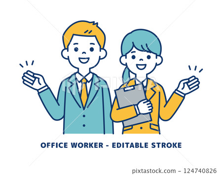 Vector illustration of young male and female office workers explaining with their hands _ _ Line editing possible 124740826