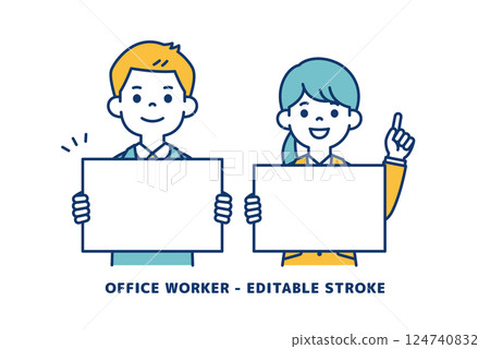 向量插圖:年輕男女辦公室職員拿著白色人字拖_ _ 可以進行行編輯 向量插圖:年輕男女辦公室職員拿著白色人字拖_ _ 可以進行行編輯 124740832