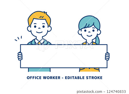 Vector illustration of young male and female office workers holding a long message board _ _ Line editable 124740833