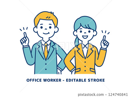 Vector illustration of young male and female office workers explaining with finger pointing _ _ Line editing possible Vector illustration of young male and female office workers explaining with finger pointing _ _ Line editing possible 124740841