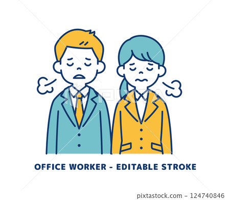 Vector illustration of young male and female office workers sighing with tired faces _ _ Line editing possible 124740846