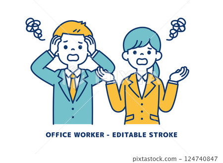 Vector illustration of young male and female office workers holding their heads with troubled faces _ _ Line editing possible 124740847