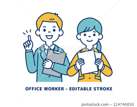 Vector illustration of young male and female office workers explaining the points _ _ Line editing possible 124740850