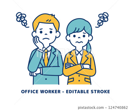 Vector illustration of young male and female office workers who are constantly worrying about something _ _ Line editing possible Vector illustration of young male and female office workers who are constantly worrying about something _ _ Line editing possible 124740862