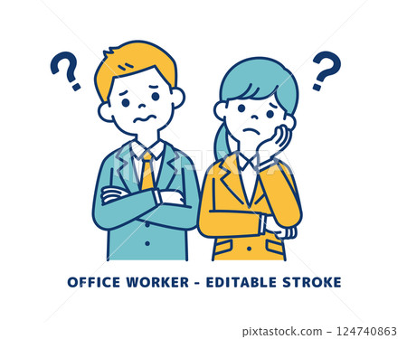 向量插圖：年輕男女辦公室職員歪著頭思考_ _ 可以進行行編輯 124740863
