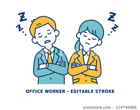 向量插圖：年輕男女辦公室職員雙臂交叉小睡。可進行行編輯 124740866