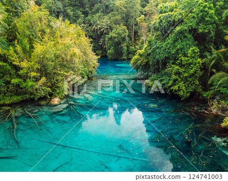 Transparent lake with crystal water. Remote destination in Indonesia, new tourist attraction. Aerial view 124741003